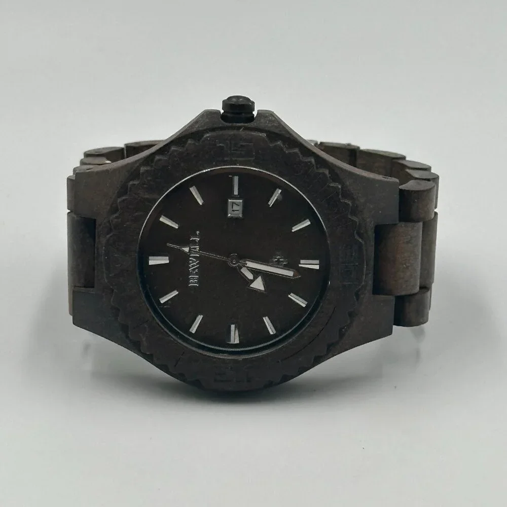 Bewell Thanatos Watch Men Dark Brown Wooden Date Window 47MM Dial New Battery